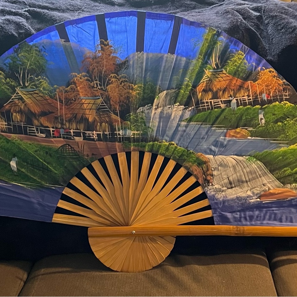 Extra Large Hand Painted Blue Wall Fan Colorful Vibrant 39” EUC Bamboo and Silk